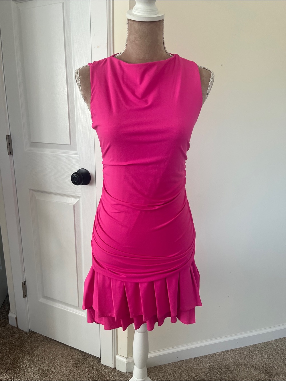 Women’s Small Hot Pink Stretchy Sleeveless Pleated Mini High Neck Ruched Dress